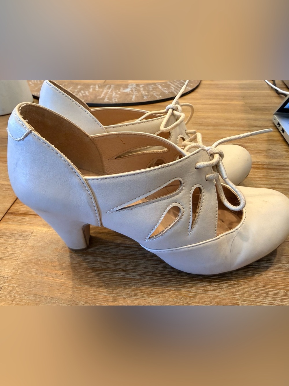Women's Cream Lace-Up Cutout Heels
